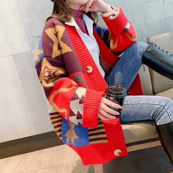 H. SA 2019 Europos Mados Moterų Ilgas Džemperis susagstomi megztiniai Vneck Vinatge Laisvalaikio megztiniai (Džemperiai Ilgai Megzti Paltai Mados Moterų Megztinis