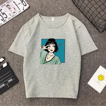 Korėjos Stiliaus Moteris Marškinėlius Pavasario Vasaros Mados Spausdinti Trumpas Rankovės O Kaklo Medvilnės Moterų Viršūnių Atsitiktinis Laisvi marškinėliai Femme