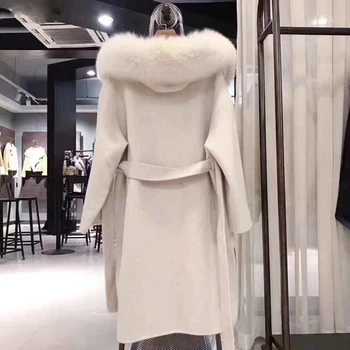 LANMREM Rudenį, Žiemą, naujas dvipusis kašmyro paltas su gobtuvu apykaklės, pilkos spalvos vilnonis paltas su diržu prarasti didelio dydžio, paltai moterims 2A877