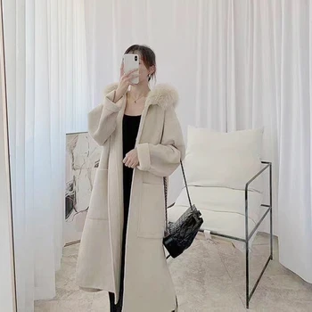 LANMREM Rudenį, Žiemą, naujas dvipusis kašmyro paltas su gobtuvu apykaklės, pilkos spalvos vilnonis paltas su diržu prarasti didelio dydžio, paltai moterims 2A877