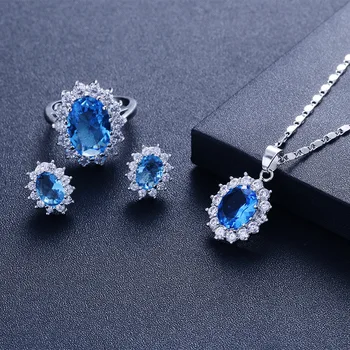 Karalienė Prabanga Kubinių Zircons Krištolo Papuošalų Rinkinys Blue Crystal PendantNecklace Auskarai, Žiedas Tiktų dieną, Motinos Dieną Meilužio Dovana