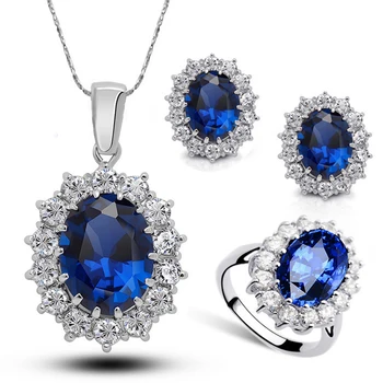 Karalienė Prabanga Kubinių Zircons Krištolo Papuošalų Rinkinys Blue Crystal PendantNecklace Auskarai, Žiedas Tiktų dieną, Motinos Dieną Meilužio Dovana