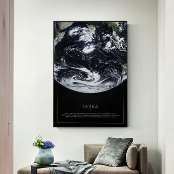 Drobė, Tapyba Juoda ir balta plakatas mėnulio Žemė iš kosmoso matomi kambarį apdaila sienos Skandinavijos tapyba