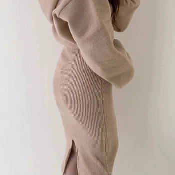 Tuščiaviduriai Iš Splitas Megztinis Suknelė Moterims Korėjos Bodycon Seksualus Mezgimo Suknelė Sluoksniuotos Rankovėmis Movos Tekstūra Vestidos Mujer Žiemos Dress