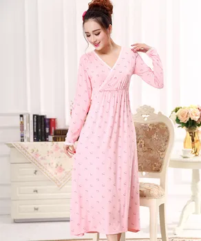 Pavasarį, rudenį plius dydis medvilnės modalinį v-kaklo ilgą pižamą moterų ilgas rankovėmis prarasti princesė sleepwear