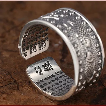 Nekilnojamojo S999 gryno sidabro Žuvys Širdies Sutra, reguliuojamas vyras ir moteris žiedai Tailando sidabro Derliaus užrašu raštų sėkmės žiedas