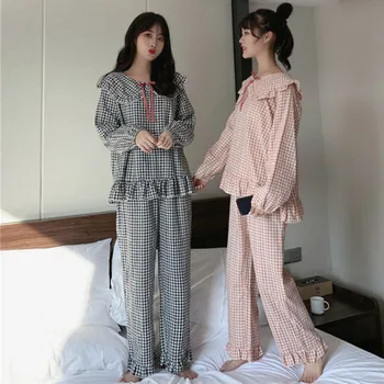 Pajama Komplektai Moterų Rudenį Ilgomis Rankovėmis Japonų Stiliaus Naujas Saldus Atsitiktinis Studentų Namų Pledas Mados Gražių Ponios Nightclothes Laisvas