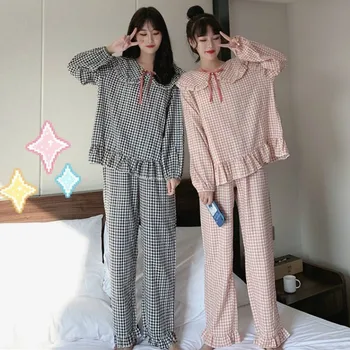 Pajama Komplektai Moterų Rudenį Ilgomis Rankovėmis Japonų Stiliaus Naujas Saldus Atsitiktinis Studentų Namų Pledas Mados Gražių Ponios Nightclothes Laisvas