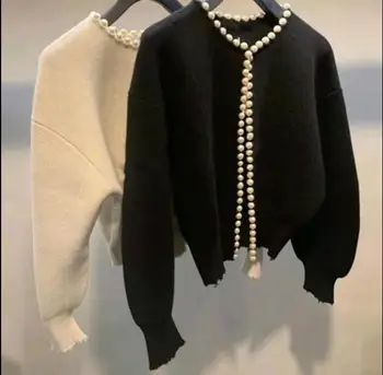 Perlai Vilnos Megztinis Mezgimo Derliaus Moterų Kailis išorinis nešioti rudenį ir žiemą