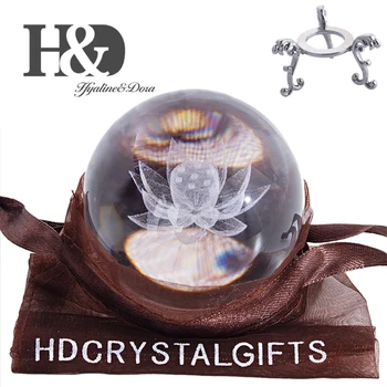 H&D 60mm 3D Lazeriu Graviruotas Lotoso Gėlė, Stiklo Kamuolys Crystal Healing Kamuolys Miniatiūrų Srityje Namų Dekoro Priedai su Stovu