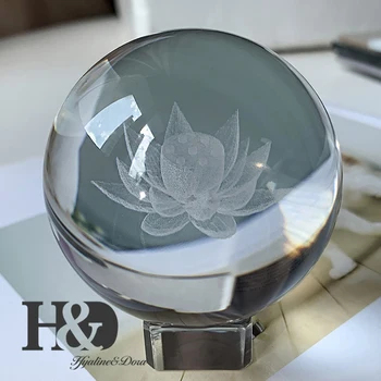 H&D 60mm 3D Lazeriu Graviruotas Lotoso Gėlė, Stiklo Kamuolys Crystal Healing Kamuolys Miniatiūrų Srityje Namų Dekoro Priedai su Stovu