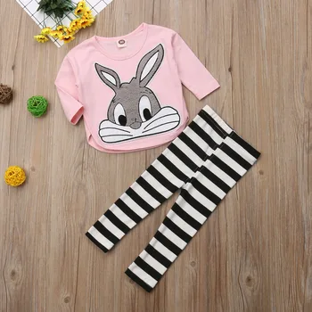 Citgeett Naujagimiams, Vaikams, Kūdikių Mergaičių Animacinių Drabužius Viršūnes Pink Bunny Marškinėliai Dryžuotas Kelnes Tracksuit Komplektus Mielas Rinkinys