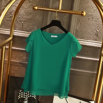 YUANYU Mados Prekės ženklo Moterys Šifono Marškinėliai 2019 M. Vasarą trumpomis rankovėmis V-kaklo Palaidinė Atsitiktinis 9 vientisos spalvos Prarasti Negabaritinių Lady Viršūnės