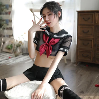 Japonijos Cosplay Kostiumų Skaidrus Apatinis Trikotažas Rinkinys Sexy Sailor Apykaklės Uniformos Sijonas Mokyklos Mergina Vienodas Plisuotos Micro Mini Sijonas