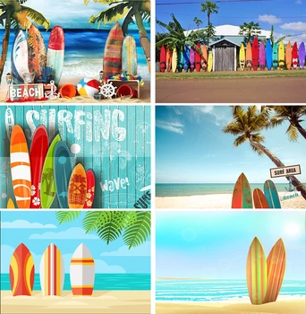 Vasarą, Palmės, Valtis Medžių Šakos Surf Surfing Havajai Valdybos Jūros Smėlio Paplūdimį, Mėlyną Dangų, Custom Foto Studija Fone, Fonas Vinilo