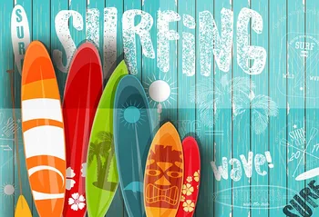 Vasarą, Palmės, Valtis Medžių Šakos Surf Surfing Havajai Valdybos Jūros Smėlio Paplūdimį, Mėlyną Dangų, Custom Foto Studija Fone, Fonas Vinilo