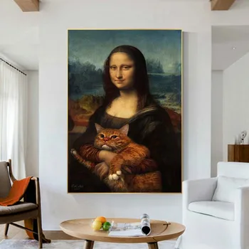 Mona Liza, turintis Katę, Juokinga Meno Drobė Paveikslų Ant Sienos Menas, Plakatų Ir grafikos Da Vinci Garsaus Meno Nuotraukas Cuadros