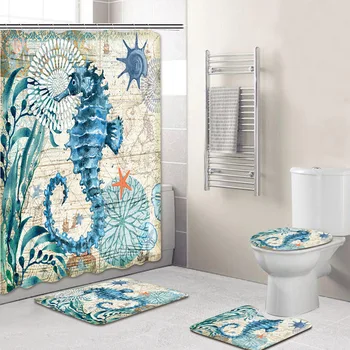 Aukštos kokybės nuotykių vonios kambario produktai su jūrų serija atspausdinta dušo užuolaidos