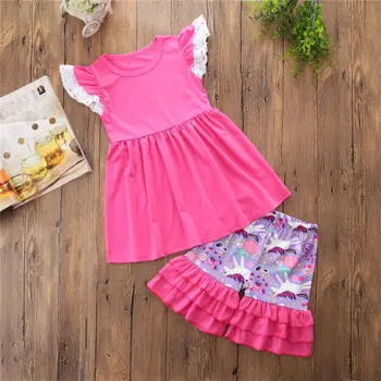 Bamblys Vaikams Baby Girl Vasaros Komplektai Drabužių Nėrinių marškinėliai Topai Suknelė+ Blyksnius Šortai 2VNT Komplektas