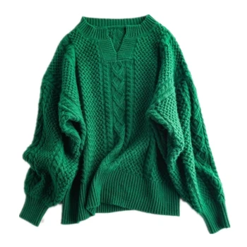 Mados moteris 2020 viršuje drabužius, megztinis žiemą apkarpytos kašmyro megztinis žalia V-kaklo