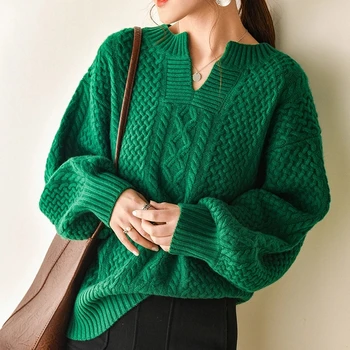 Mados moteris 2020 viršuje drabužius, megztinis žiemą apkarpytos kašmyro megztinis žalia V-kaklo
