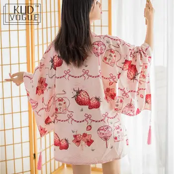 Kimono Megztinis Moterims Atsitiktinis Pusė Rankovėmis V-kaklo Spausdinti Skraiste Japonijos Chemise Femme Prarasti Negabaritinių Palaidinė Tradicinių Yukata Kailis