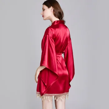 Negabaritinių Rankovėmis Raudona Satino NUOTAKOS VESTUVIŲ CHALATAI Seksualus Moterų Chalatas Kimono Suknelė Sleepwear Kutas Lounge Intymus apatinis Trikotažas Homewear