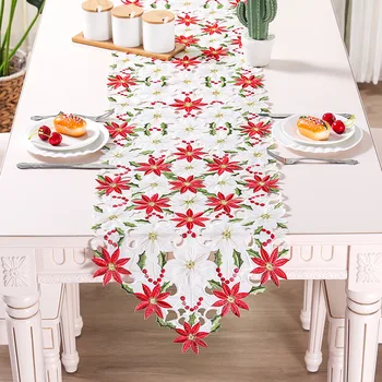 Kalėdų Siuvinėtos Stalo Bėgikų,Prabangos Poinsettia Holly Lapų Stalo Tekstilė, Kalėdų Papuošalai