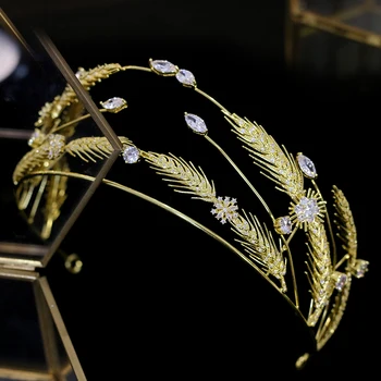 Naujas Tiara aukso kviečių ausies kristalų nuotakos tiara vestuvių, cirkonio vainikėlis šukuosena papuošalai lankelis vestuvių plaukų šukos