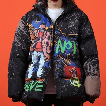 Hip-Hop ' As, Animacinių Filmų Grafiti Striukė Parko Vyrų Harajuku Streetwear Švarkelis 2020 M. Žiemos Derliaus Atsitiktinis Kamšalu Paltai Outwear Vyras