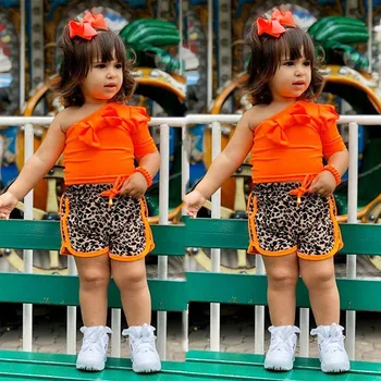 Bamblys baby girl vasaros drabužių 2020 Kietas Off Peties T-shirt Leopardas Spausdinti Šortų Komplektus Nustatyti одежда для новороденных t5